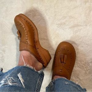 Like new vintage Swedish camel brown leather and wooden clogs, size 8.5 (39)